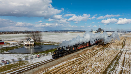 Strasburg, Pennsylvania, February 17, 2024 - A steam train chugs through a snow-dusted landscape, offering a scenic winter journey by the rails, with a quaint pond house nearby.のeditorial素材