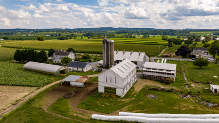 Ronks, Pennsylvania, August 15, 2023 - Above the patchwork fields, this traditional farm homestead stands with its silo and barns, a testament to timeless agricultural practices.のeditorial素材