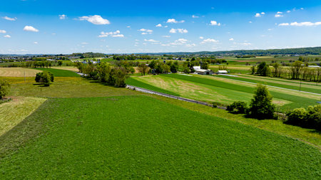 Stunning aerial view capturing a diverse agricultural landscape with fields of varying shades of...