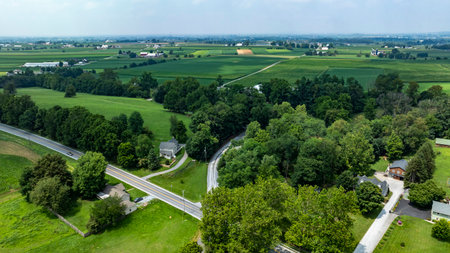 An Aerial View of Countryside Roads and Farmland