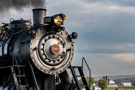Strasburg, Pennsylvania, USA, November 4, 2023 - A steam engine with the number 90 on the front. The train is on a track and is surrounded by a cloudy skyのeditorial素材