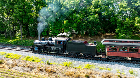 A Black Steam Locomotive With The Number 89 On Its Side Pulls Red Passenger Cars Along A Railroad...