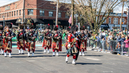 Lindenhurst, New York, USA, March 30, 2024 - A Group Of Bagpipers Dressed In Traditional Scottish Kilts And Bearskin Hats Perform In A Colorful Street Parade, Surrounded By Crowds Of Spectators On A Sunny Day In A Bustling Urban Setting.のeditorial素材