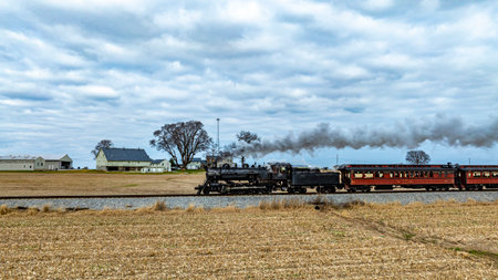 A classic steam locomotive chugs along the tracks, trailing puffs of smoke as it passes by a quaint...