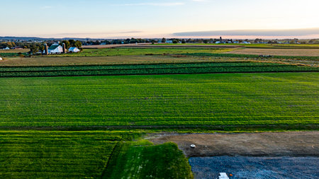 Lush green fields stretch across the landscape as the sun sets, casting a warm glow over distant houses and the serene rural area, inviting a sense of peace and tranquility.の写真素材