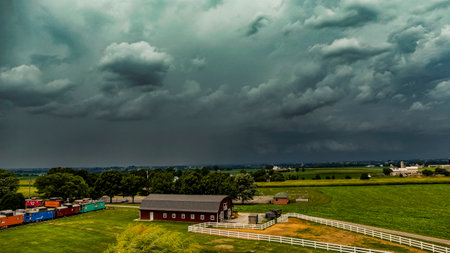 A rural farmhouse stands under ominous storm clouds, with lush green fields surrounding it. Various farm equipment and a fence accompany the picturesque scene as stormy weather approaches.の写真素材