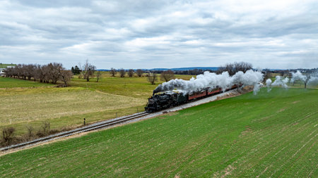 A classic steam train glides along the tracks, releasing plumes of white smoke while passing through lush green fields under a cloudy sky, highlighting the beauty of rural scenery. . High quality photoの写真素材