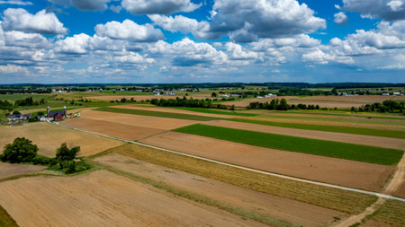 Expansive farmland stretches across the horizon, showcasing rich brown and green fields under a bright blue sky. Fluffy clouds float above, creating a picturesque summer day.の写真素材