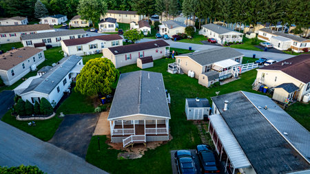 Residential Mobile, Manufactured, Prefab, Home Park with many houses and trees. The houses are white and the trees are green. The sky is cloudy and the houses are spread outの写真素材