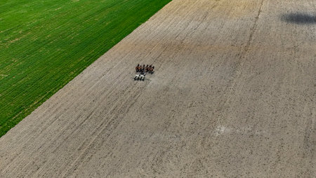 Horses are seen working together to plow a large, freshly tilled field. The landscape shows contrasting green grass and brown earth under clear skies, suggesting warm weather.の写真素材