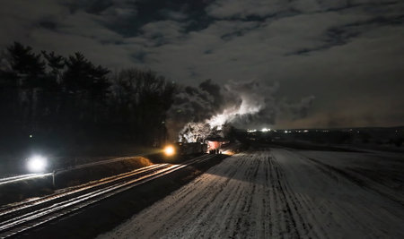 A train car is on fire next to snowy fields under a moonlit sky. Smoke billows into the air as emergency vehicles shine lights on the scene, creating an urgent atmosphere.の写真素材