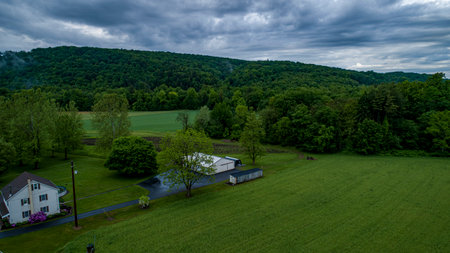 Expansive farmland showcases vibrant greenery and a distant forest against a backdrop of moody gray clouds. A small house and storage buildings add to the serene rural setting.の写真素材
