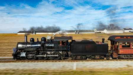 A vintage steam locomotive powers along the tracks, sending plumes of smoke into the blue sky. Surrounding fields and farmhouses enhance the picturesque countryside setting.の写真素材