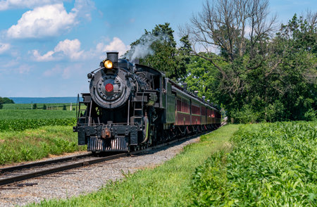 A classic steam train chugs through vibrant fields under a bright blue sky. The trains black engine contrasts with the green landscape as smoke rises into the air.の写真素材