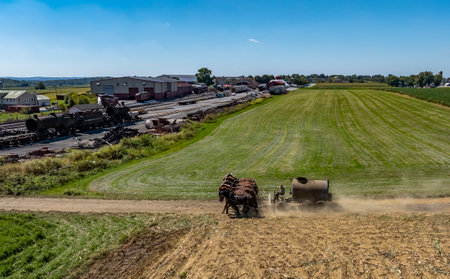 Wide View of Farmlands With Horses Pulling Manure Equipment Along a Dirt Road in Rural Setting, on a...