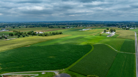Lush fields stretch across the landscape, showcasing vibrant green hues. Farm buildings dot the horizon, with a cloudy sky overhead creating a serene atmosphere.の写真素材