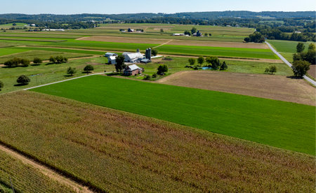 Expansive farmland stretches under clear skies showcasing a farmstead nestled among vibrant green and brown fields. Nearby, a winding road runs through the landscape.の写真素材