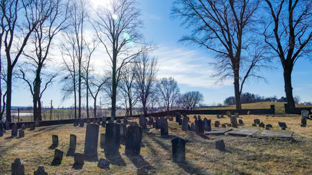 A tranquil cemetery features aged tombstones casting long shadows, surrounded by bare trees and open fields. The bright sky suggests a calm afternoon in early spring.の写真素材