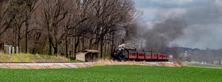 A vintage steam train releases smoke as it moves along the tracks, surrounded by lush green fields...