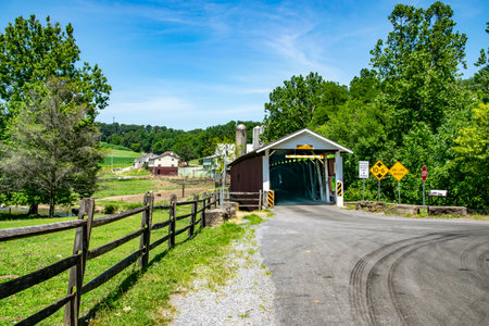 A picturesque covered bridge stands in a lush green landscape under a clear blue sky. Nearby, a dirt...