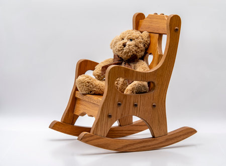 A fluffy teddy bear is nestled in a charming wooden rocking chair, exuding warmth and nostalgia. The light background highlights the details of the bear and chair.の写真素材