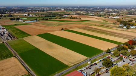 Vast stretches of farmland display a patchwork of vibrant green and golden brown fields. A farmstead is visible in the distance, under a clear blue sky, capturing the tranquility of rural life.の写真素材
