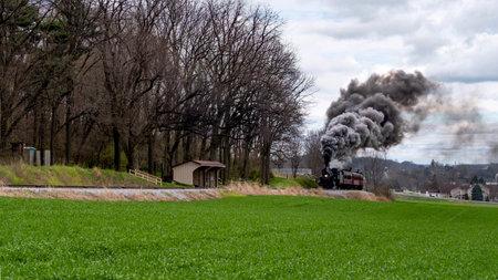 A steam train travels along a railway next to vibrant green fields, releasing thick smoke against a backdrop of tall trees and a quaint waiting shelter.の写真素材