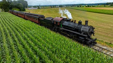 A vintage steam train chugs along railway tracks surrounded by tall cornfields under a clear blue sky. The steam billows as the trains passengers enjoy the scenic journey through the countryside.の写真素材