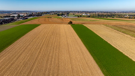 Vast stretches of farmland display a patchwork of vibrant green and golden brown fields. A farmstead is visible in the distance, under a clear blue sky, capturing the tranquility of rural life.の写真素材