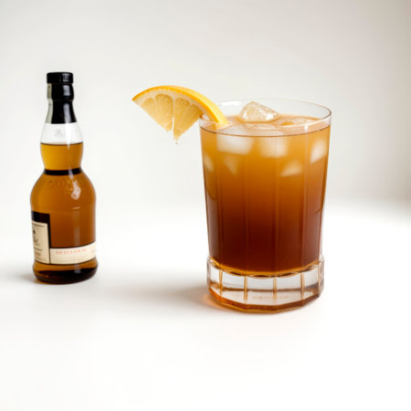 A glass filled with a colorful cocktail featuring ice cubes and a slice of lemon sits next to a small bottle of syrup. The setup emphasizes the drink's freshness and appeal.の素材