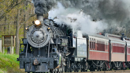 A vintage steam locomotive billows smoke as it rumbles through vibrant green fields under a bright blue sky, capturing the essence of a bygone era in rail travel.の写真素材
