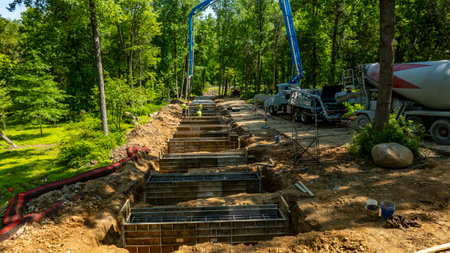 Workers are actively pouring concrete into forms in a forested setting. Heavy machinery is visible, indicating infrastructure work related to building foundations along a dirt path.の写真素材