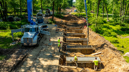 Workers are actively pouring concrete into forms along a cleared path in a forested region. Heavy machinery is stationed nearby, and the scene is illuminated by daylight.の写真素材