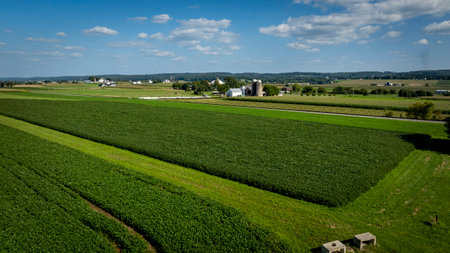 Vast fields of green crops extend across the landscape, dotted with farm buildings and tree lines. A bright blue sky with fluffy clouds enhances the tranquil rural setting.の写真素材