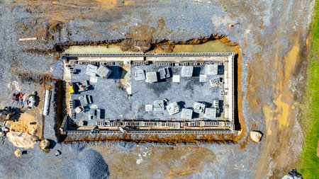 Workers are laying out materials and preparing the ground at a construction site for a new building. Gravel, cinder blocks, and machinery are visible, highlighting the ongoing work.の写真素材