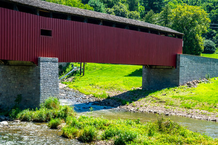 A vibrant red covered bridge spans a peaceful stream surrounded by lush greenery. The bright sunlight highlights the natural beauty of the area, creating a picturesque scene.の写真素材