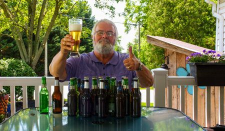 A cheerful older beer loving man raises a glass of beer while seated at a table filled with full beer bottles. The setting is a bright, sunny day on a porch, suggesting a festive summertime atmosphere.の写真素材