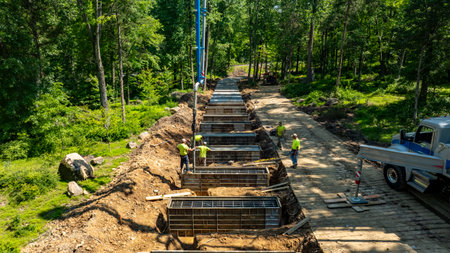 Workers are engaged in a construction project in a forested location.の写真素材