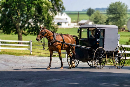 A brown horse pulls a black buggy down a gravel road. Farm buildings are seen in the background. Green fields stretch out under a clear sky. The scene shows traditional transportation in a rural area.の写真素材