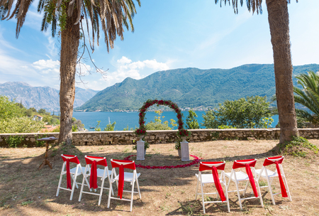 beautiful wedding arch for the ceremony of flowers.の写真素材