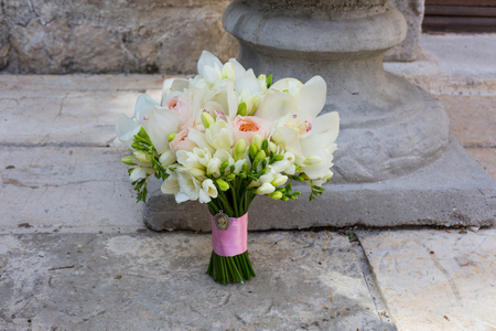 wedding  beautiful bouquet with orchid and freesiaの写真素材
