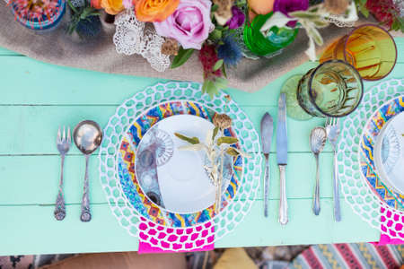 served table in boho style top viewの写真素材