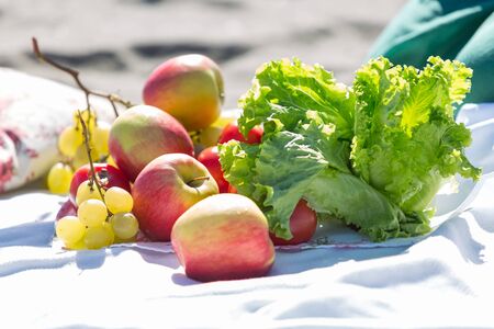 fruit at the picnic close upの写真素材