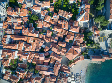 Aerial View of Old Budva. Montenegro, Balkans, Europe. Budva - One of the Most Popular Resorts of Adriatic Riviera of the Mediterranean.の写真素材