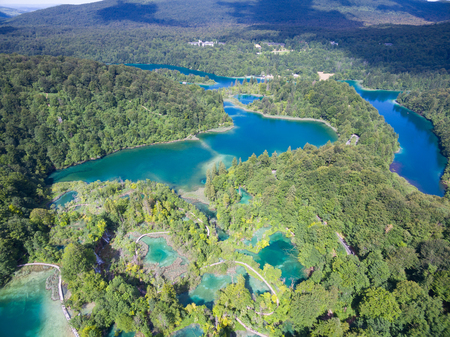 aerial view of beautiful lakes and waterfalls in Plitvice Lakes National Park, Croatiaの写真素材