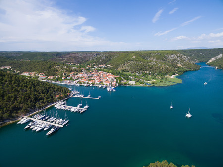 Aerial view of old Skradin at estuary of the Krka river, Croatiaの写真素材