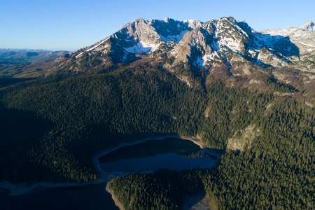 aerial view of Black Lake near Durmitor mountainの写真素材