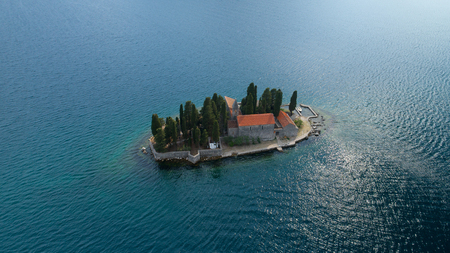 Aerial view of the island of St. George with monastery, Kotor Bay.の写真素材