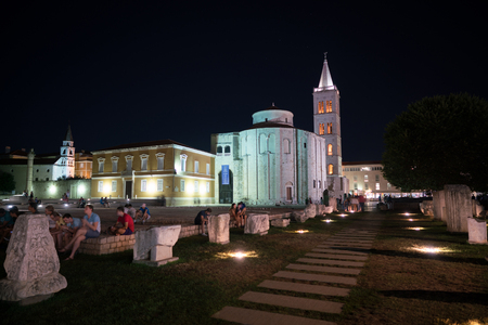 Zadar, Croatia - July 19, 2016: night view of the St. Donatus Church in old city.のeditorial素材