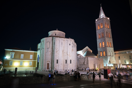 Zadar, Croatia - July 19, 2016: night view of the St. Donatus Church in old city.のeditorial素材